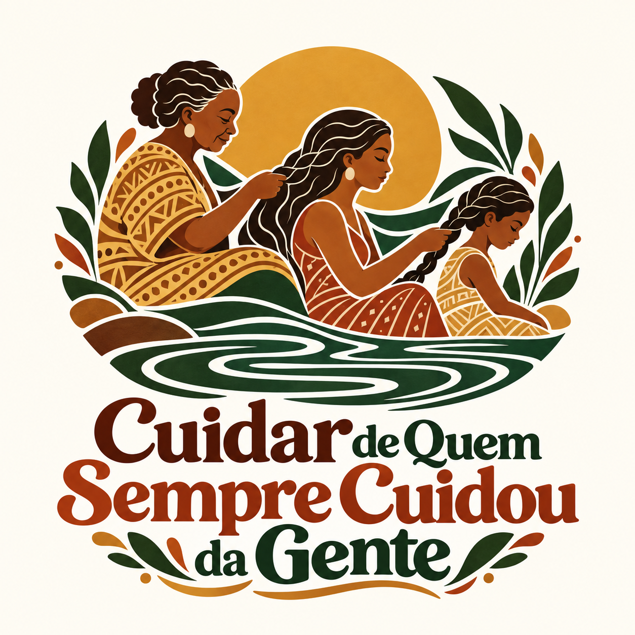 Três gerações de mulheres trançando cabelos, símbolo da campanha